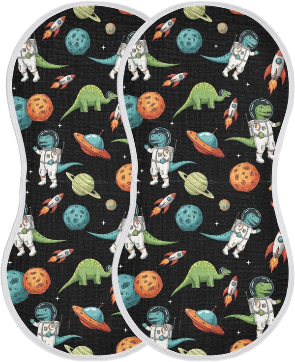 Qinllo Muslin Burp Cloths Space Dinosaur Spaceship Black Print Cotton Baby Burp Cloths