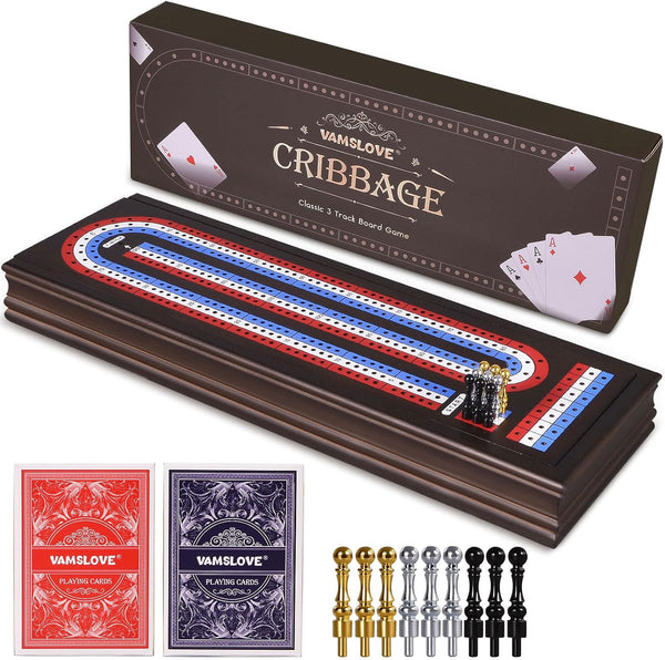 VAMSLOVE 16'' Cribbage Board Game Set Wooden 3-Track Scoreboard with Large Slots