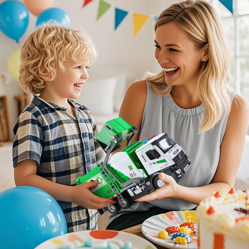 12'' Set 4 HOLYFUN Electric Garbage Truck with Front Loader/Metal Cab, Friction-Powered Recycling Vehicle
