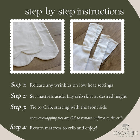White Scalloped Crib Skirt Ruffle (Front/Two Sides) Adjustable Linen Cotton Blend, Neutral Baby Bedding for Boys