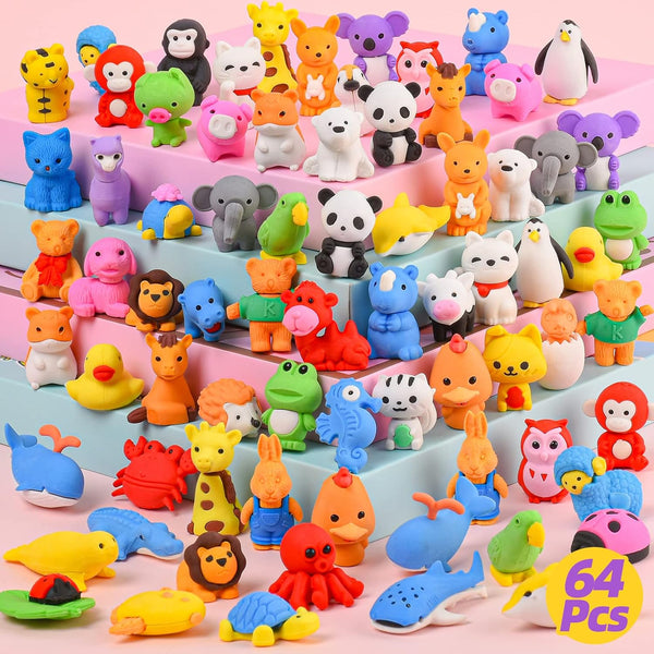 Kaemi 64Pcs Animal Erasers for Kids, 3D Puzzle Erasers, Bulk Pets Toys for Party Favors and Games