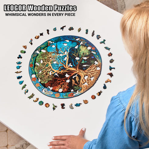 LEOGOR Wooden Jigsaw Puzzle for Adults — 350 Piece Eternal Tree of Life Nature Inspired Round Design