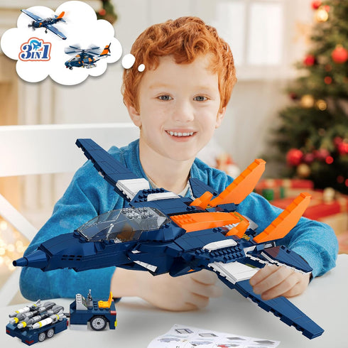 3 1 Sets, 10+, 738PCS HOGOKIDS in Fighter Jet Plane Building Military Propeller Aircraft Gunship Building Toys