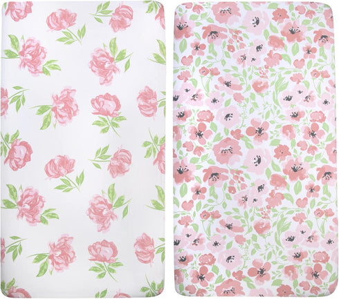 2 Pack 28x52 Standard Microfiber Fitted Crib Sheets for Baby Girl, Boy & Neutral, - (Roses & Flowers)