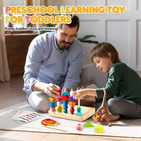 Montessori Preschool Educational Wooden Toys for Toddlers, Lacing Beads & Stacking Blocks Gifts for Kids