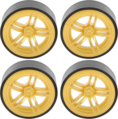 RC Car Drift Tires, 4PCS 6 Spoke Plastic Wheel Rims with Rubber Tires for 1/10 RC Drift Car (Golden)