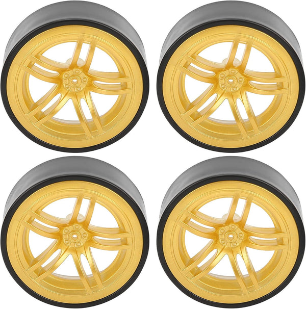 RC Car Drift Tires, 4PCS 6 Spoke Plastic Wheel Rims with Rubber Tires for 1/10 RC Drift Car (Golden)