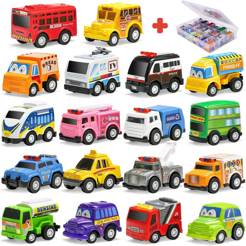 18 Pack Assorted Pull Back Car Toys with Storage Organizer Box, Mini Vehicle Set for Child Toddler Birthday Gift