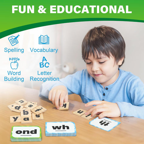 112 4+ 14 BenBen Family Spelling Games with Flash Cards & Wooden Letter Tiles, CVC Sight Word Building Phonics Game