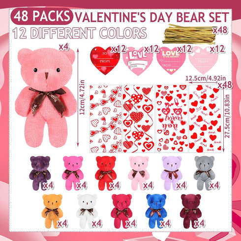 Zonon 144 Pcs Valentine's Day Mini Stuffed Bear Bulk Toy with Gift Bags and Heart Cards, 4.72 Inch Plush Bears