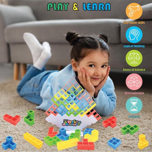 KIEZ 48 Pcs Tetra Tower Stacking Games, Balance Building Blocks, Stack Attack Board Game for Kids & Adults