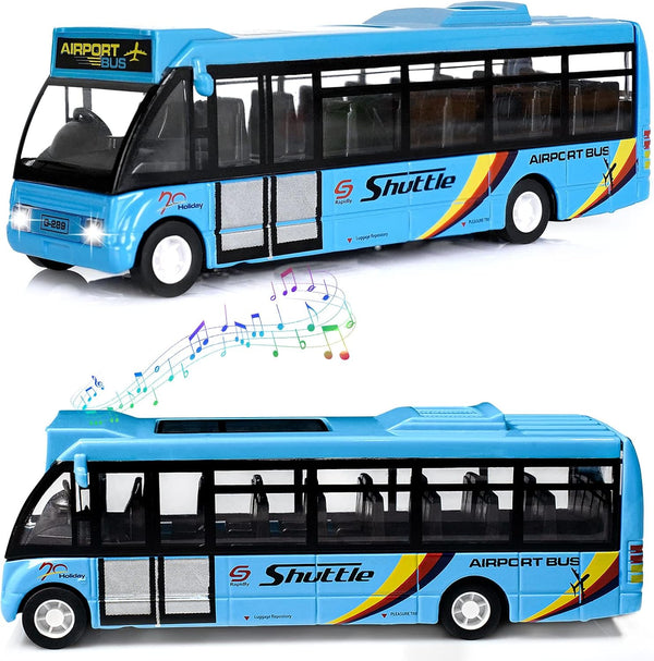 City Bus Toys Cars, Die-Cast Metal Airport Cars for Boys 3-8 Years Old, Pull Back Blue Play Vehicle with Sound