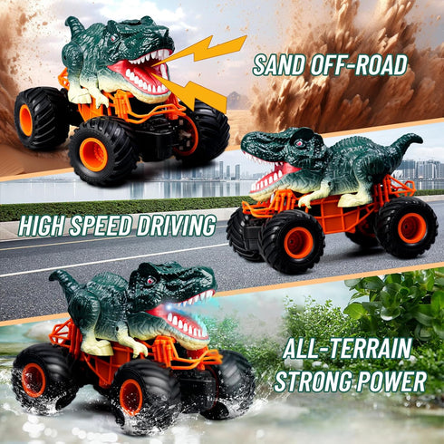 Dinosaur Monster Truck Toys - Remote Control Dinosaur Car, 2.4Ghz RC Truck for Toddlers, Light & Music, Green