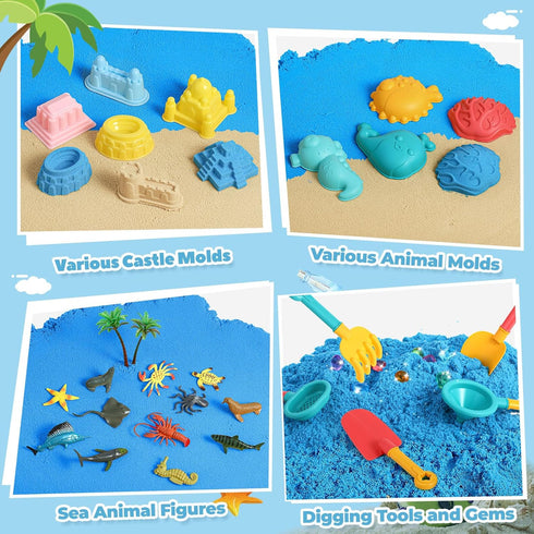 2.2lbs Sand,12 3 4 5 6 7 FRUSE Ocean Sensory Bin,Play Sand Art Kit with Play Sea Animal Toys,Sand Molds,Role Play Beach