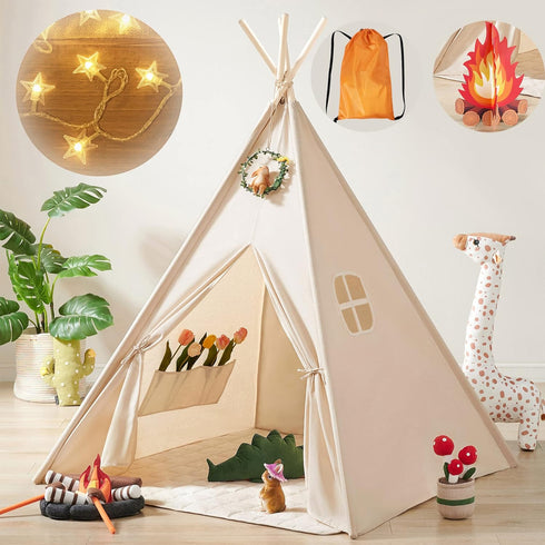 Tiny Land Kids Teepee Tent: With Lights & Campfire Toy, Washable Foldable Indoor Outdoor Play Tent for Girls & Boys