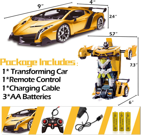 AMENON Remote Control Transform Car Robot Boys Toys with Lights, 2.4Ghz 1:18 Rechargeable 360° Rotating Race Car