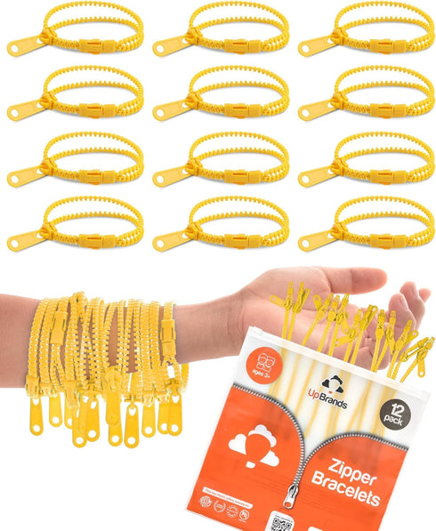 UpBrands 12 Pack YELLOW 7-Inch Zipper Bracelets - Fidget Party Favors for Kids, Bulk Anxiety Bracelets