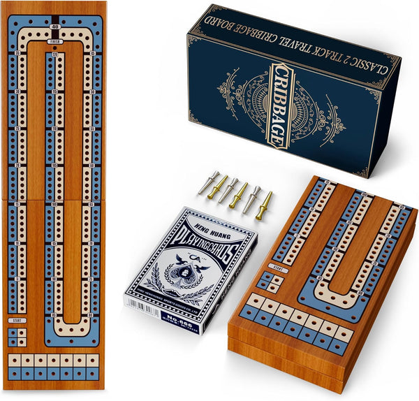 Small Size Travel Wooden Cribbage Board Game Set 2-Track Foldable Cribbage with