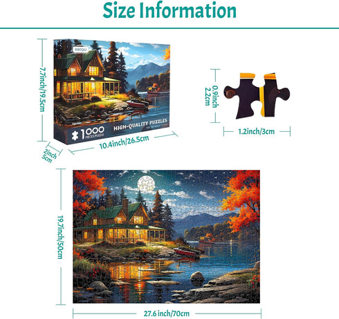 1000 Piece Puzzle for Adults - Moonlight Cabin Lake View Painting Jigsaw Puzzles, Cozy Silent Night Puzzle