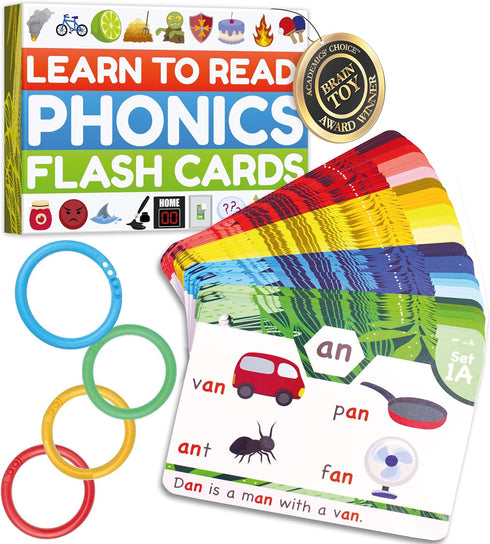Phonics Flash Cards - Learn to Read in 20 Stages - Digraphs CVC Blends Long Vowel Sounds for Kids Ages 4-8 Educational