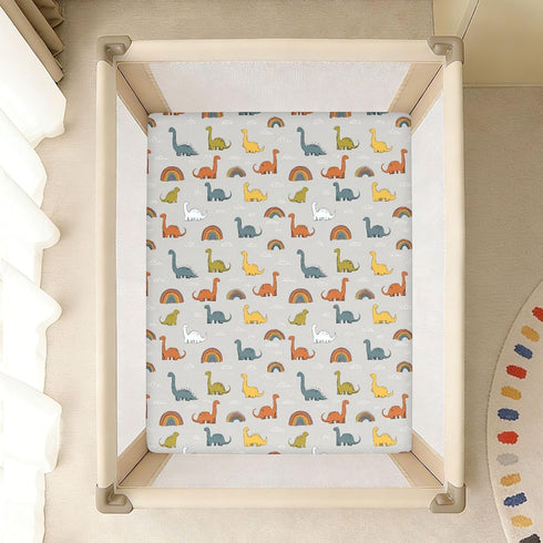 miaozhen 1 Pack 52x28 Cotton Baby Crib Sheets Ultra Soft Wildlife Brontosaurus Rainbow Gray Muslin Crib Bedding