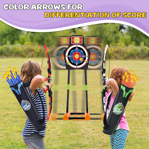 2 Pack Bow and Arrow Set with Moving Standing Target, 20 Suction Cup Arrows in 2 Colors, Light Up Archery Toys for Kids