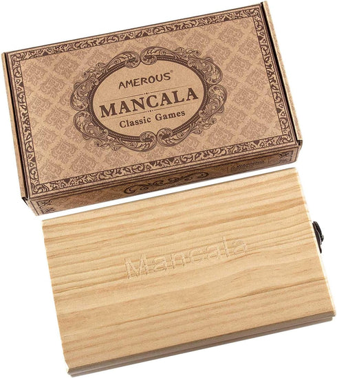 AMEROUS Wooden Mancala Board Game Set - Folding Board with 72+8 BONUS Multi Color Glass Stones, Portable Travel Game