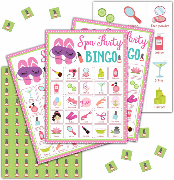 Spa Bingo Games, Slumber Party Bingo Cards for Adults, Sleepover Birthday Bingo Games, 24 Players Cards (D02)