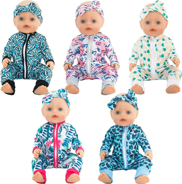 SOTOGO 5 Sets Doll Clothes Outfits - Jumpsuits with 5 Headbands for 14 to 17 Inch Baby Dolls