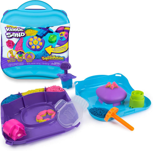 Kinetic Sand SquishMotion Playset with 1lb Pink, Yellow, Blue Play Sand, 5 Tools, Storage Case, Sensory Toys
