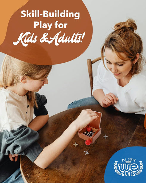 WE Games Classic Metal Jacks Set – Nostalgic Floor Game with 2 Red Balls in Keepsake Wooden Box