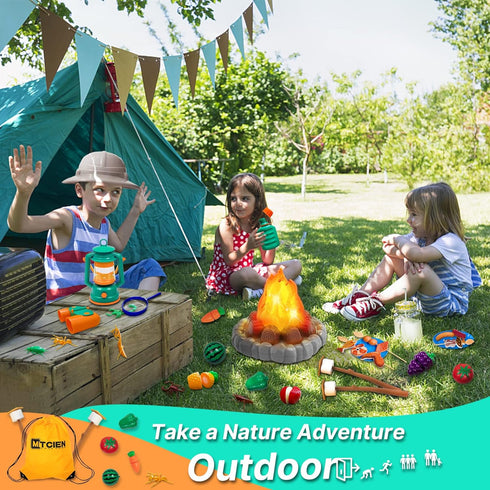 Set 3-5 MITCIEN Camping Toys for Kids, Pretend Campfire, Lantern, Safari Hat, Binoculars, Bottle, Toy Food, S'Mores