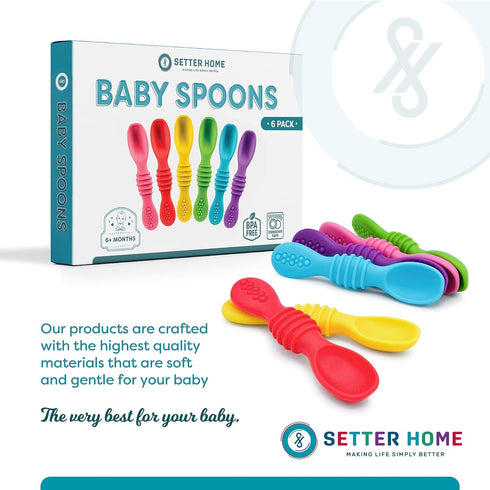Premium Silicone Baby Spoons - 6 Pack, Self Feeding Training Utensils for Infants & Toddlers, Dishwasher Safe