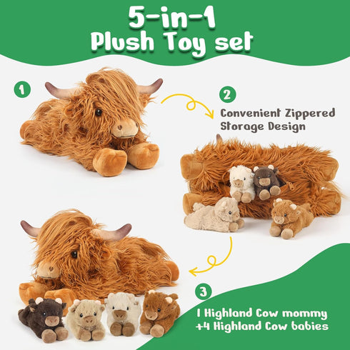 5PC 1 Mommy 4 3-8, Highland Cow Stuffed Animals with Babies Inside, Highland Cow Plush & Surprise Babies, Cute Soft