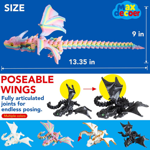 Maxdecoer 15.75" 3D Matte Rainbow Printed Articulated Dragon Toy, Large Crystal-Style Dragon Desk Pet Fidget Toy