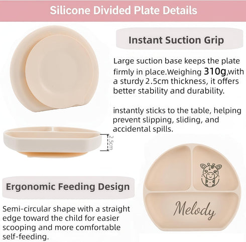 6pcs Set Y4) Personalized Name Food Grade Baby Feeding with Spoon, Fork,Silicone Suction Bowls,Cup,Plate,and bib BPA