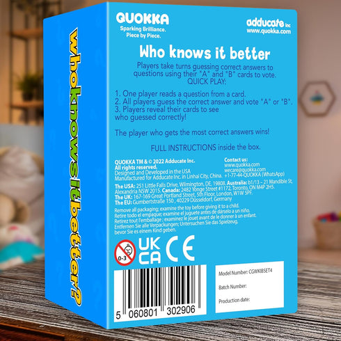 8-12 Set 4 2000+ QUOKKA Board Games for Kids and Family - of Who Knows It Better? - Questions Across Biology, Culture