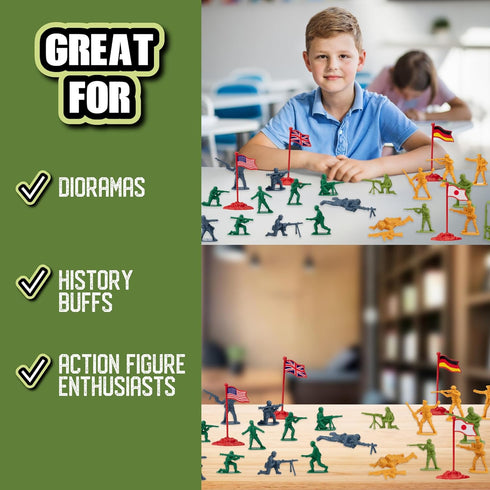 Playset- 200pc Set World War II Army Men Toy Action Figure Including Soldiers & Flags from The US, Great Britain
