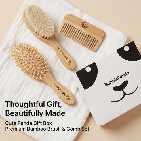 BubblePanda Set Baby Hair Brush and Comb Ultra Soft Goat Hair Bristles, Natural Bamboo Baby Brush for Cradle Cap