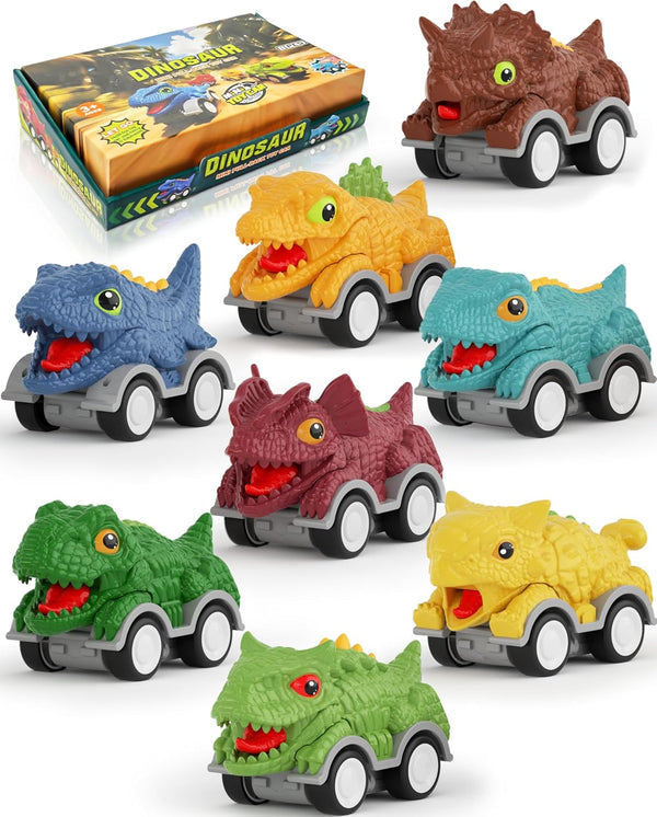Cozycharm 8PCS Dinosaur Pull Back Cars Set for Kids Toddlers, Mini Racing Vehicles