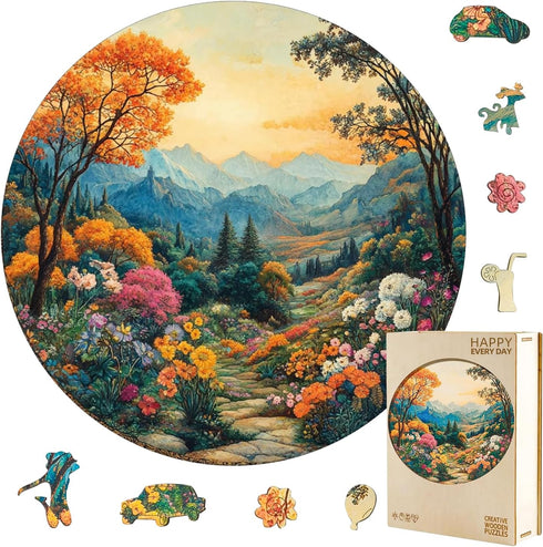 Wooden Puzzles for Adults 300 Pieces, Scenic Mountain Landscape Round Wood Jigsaw
