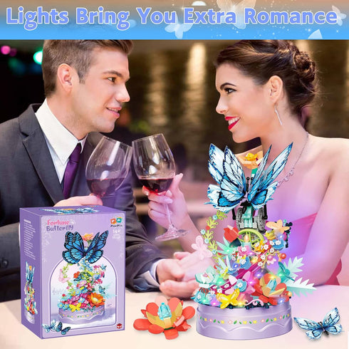 louyebh Set Girls(630PCS) Flowers Music Box Building Block with Light, Botanical Collection Mini Brick Music Box