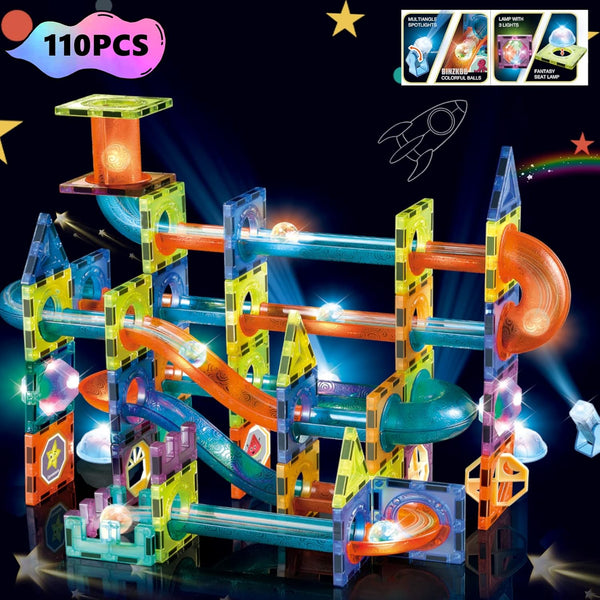 BINZKBB Light Magnetic Tiles Building Blocks for Kids, 3D Clear Educational STEM Toys, 110 PCS Marble Run Blocks Gift