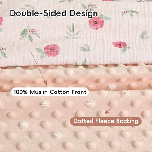 40x50 Inches, david's kids Muslin Minky Baby Blanket for Girls with Muslin Cotton Front and Dotted Fleece Backing