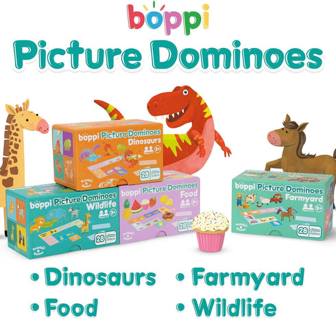 Set 3 boppi Dominoes Picture Game for Toddlers - Colourful Food Themed Montessori/STEM Dominoes for Children - Games
