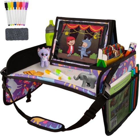 Lusso Gear Kids Travel Tray, Essential Accessories for Toddler & Kids Car Seat, Airplane, Road Trip (Purple Unicorns)