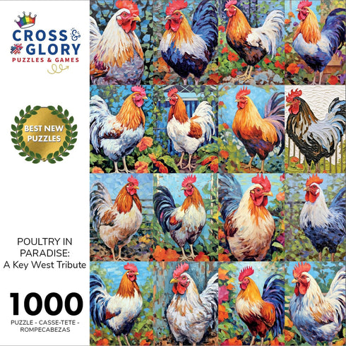 Poultry in Paradise: A Key West Tribute - Vibrant Chicken Collage, Eco-Friendly 1000 Piece Jigsaw Puzzle for Adults, Premium Satin Finish - Cross & Glory Exclusive