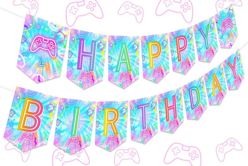 Video Game Birthday Decorations Banner: Tie Dye Neon Happy Birthday Banner for Gamer Theme Party