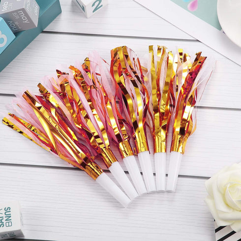 24 Pieces Gold Noise Makers Glitter Metallic Fringed Party Blowers, Pink Musical Blowouts for Birthday Baby Shower New