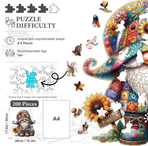 Wooden Jigsaw Puzzles, Gnome Wooden Puzzles for Adults, Unique Shape Medium 10.3"x11.8" with Exquisite Box